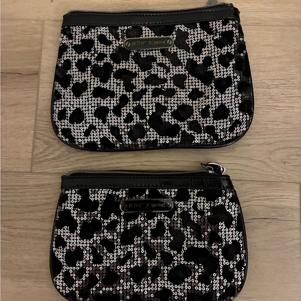 Betsey Johnson Black and Silver Sequin Cosmetic Bag Set